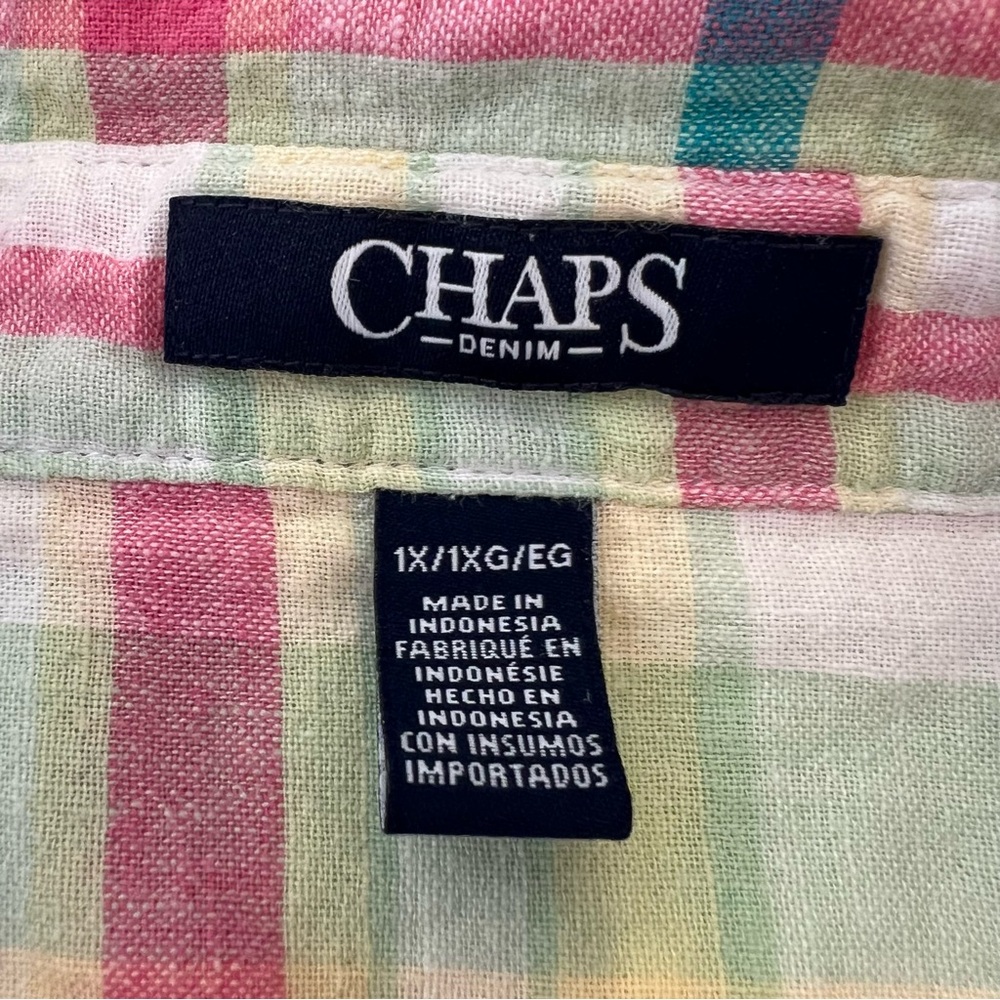 Chaps Womens Linen Blend Button Up Shirt 1X Pink Green Plaid Coastal Preppy - Picture 6 of 11
